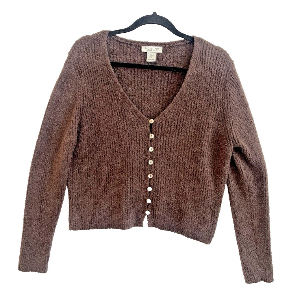 Rachel Zoe V Neck Women's Sweater Cardigan Medium Cocoa Brown Cozy Comfy Luxury